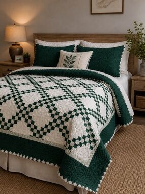 Handmade Green & White Patchwork Quilt | Queen/King Size | Cottagecore Bedding